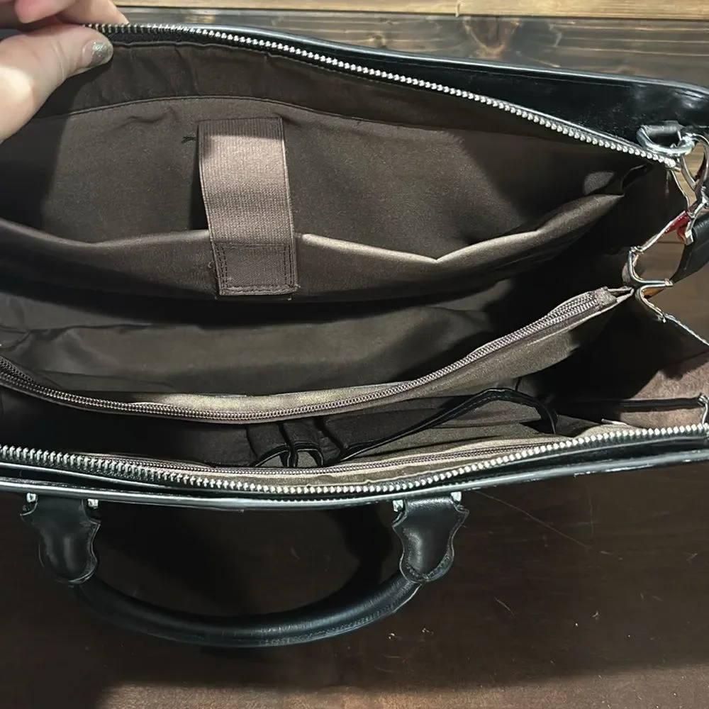 Claci Black Leather Accordion Color Side Tote Business Briefcase Bag